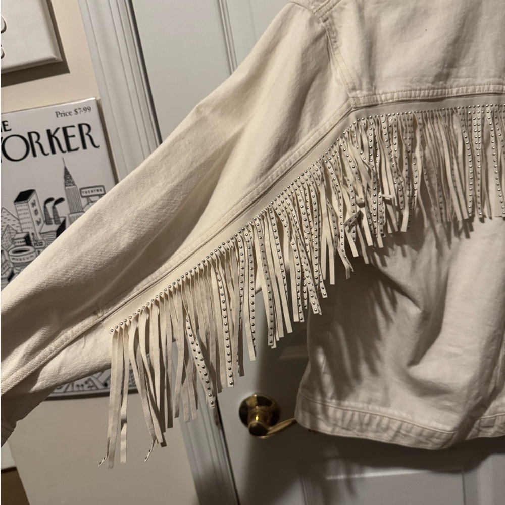Zara Cream Jean Jacket with Fringe - Picture 3 of 5